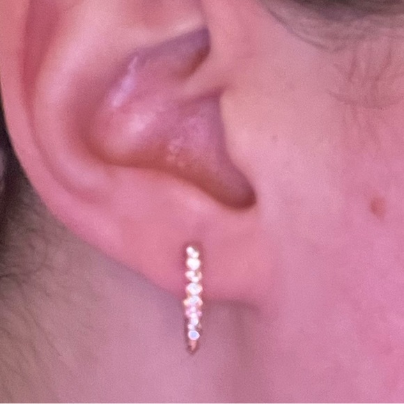 Rose Gold Diamond Huggie Drop Hoop Earrings - Picture 4 of 7